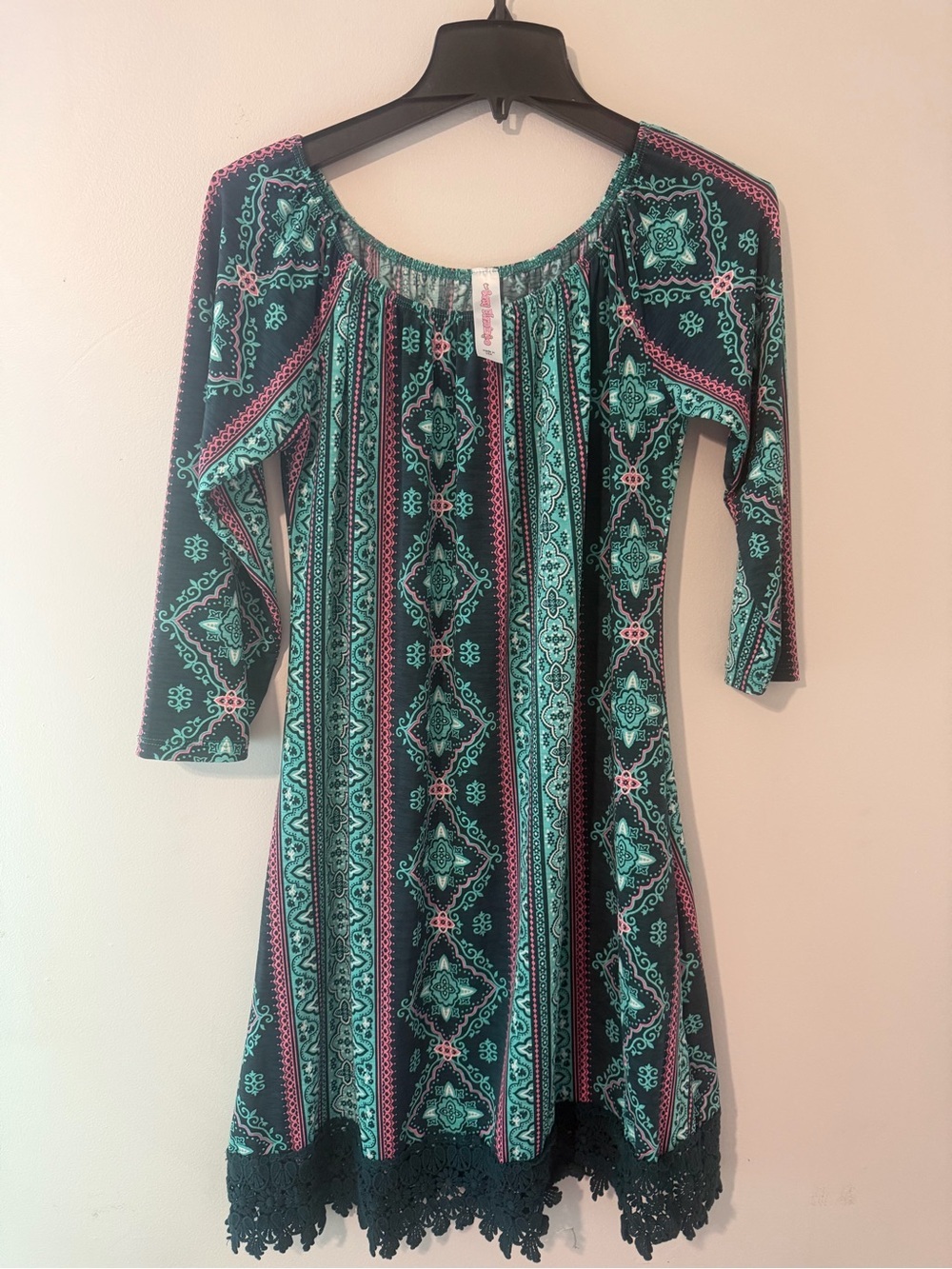 The Sassy Flamingo Off-Shoulder Boho Print Dress in Teal & Pink Crochet hem Med